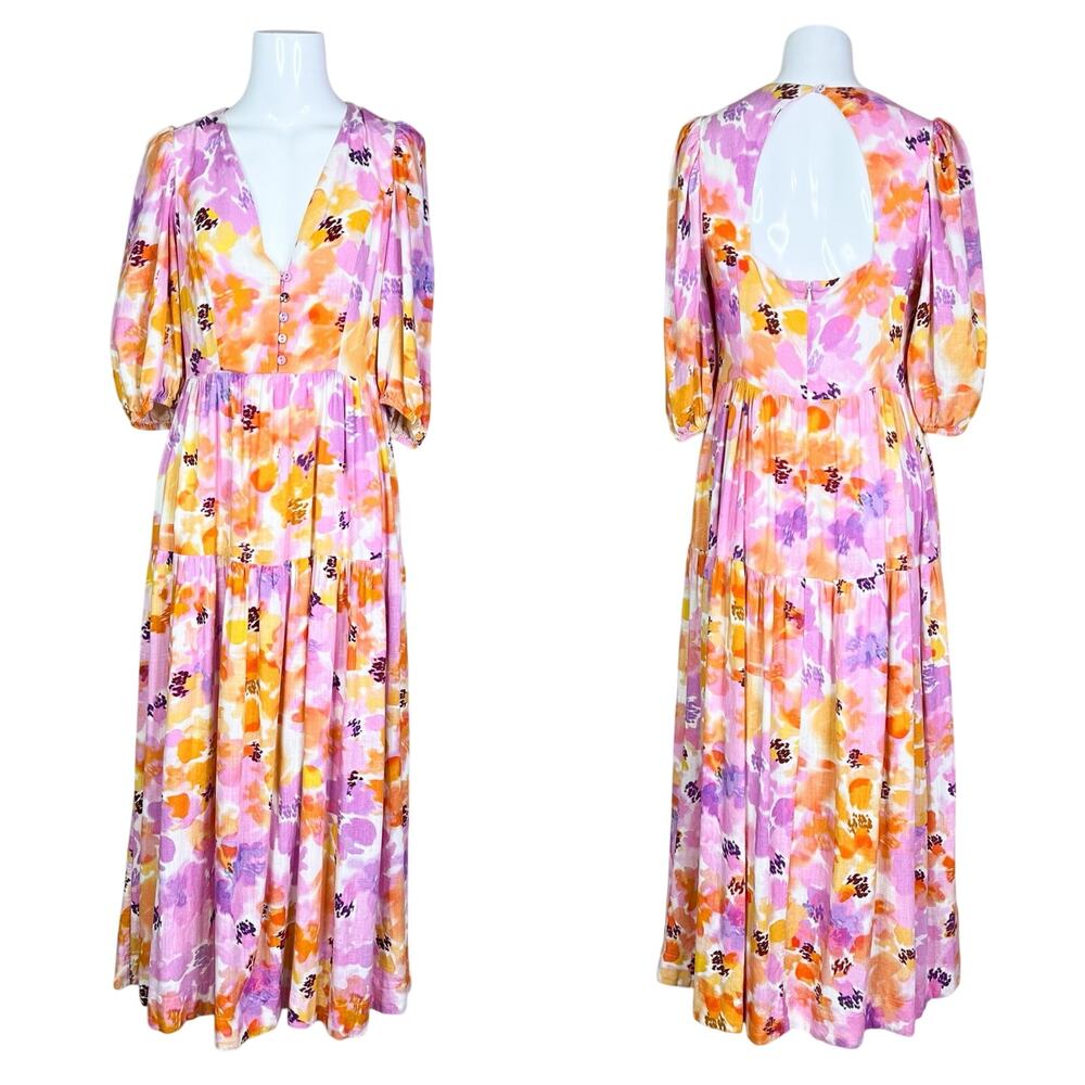 Nicholas | Linen Celie Pink Orange Floral Puff Sleeve Open Back Midi Dress US 4